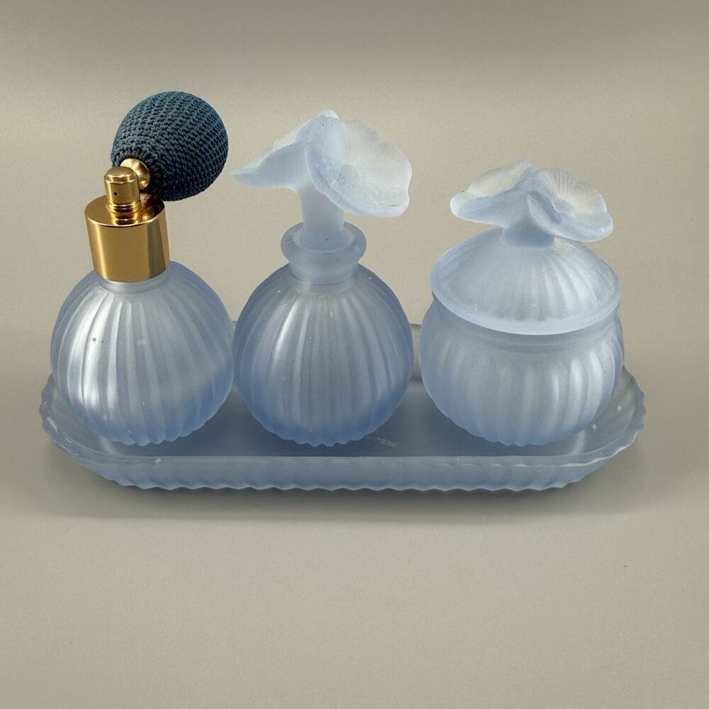 Vintage Frosted Blue Satin Glass Vanity Set Atomizer Perfume Trinket Tray Floral